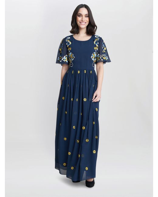 Gina Bacconi Blue Embroidered Dress With Flowers