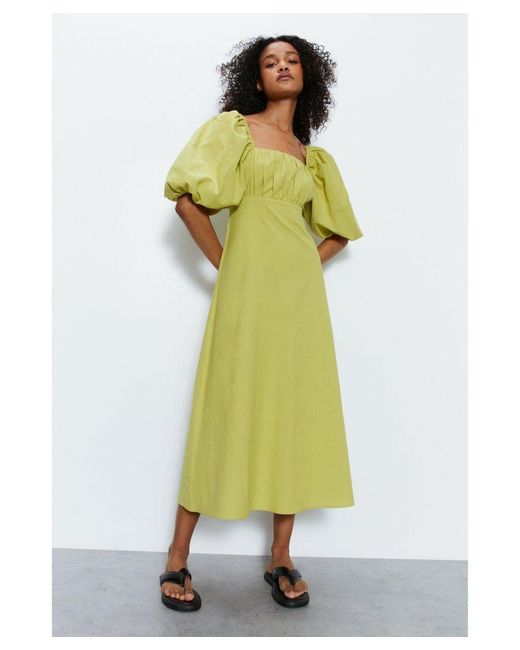 Warehouse Green Cotton Puff Sleeve Ruched Bodice Midi Dress