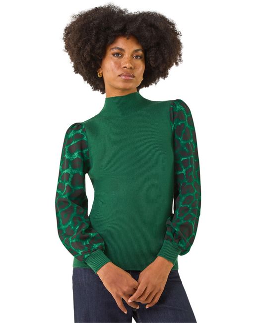 Roman Green Animal Print Mesh Sleeve Knit