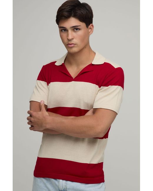 BoohooMAN Red Regular Fit Revere Striped Knitted Polo for men