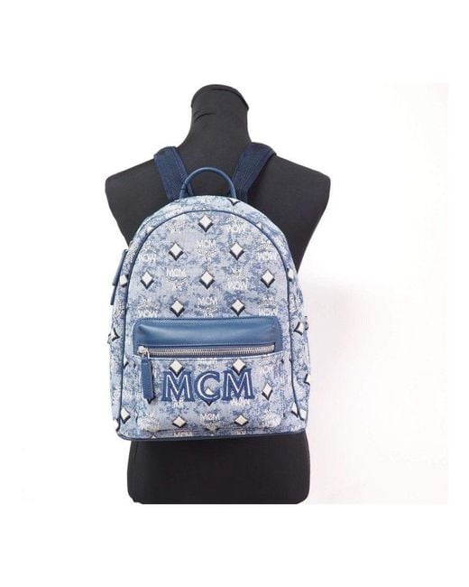 MCM Blue Stark Small Vintage Jacquard Monogram Logo Fabric Backpack Bookbag
