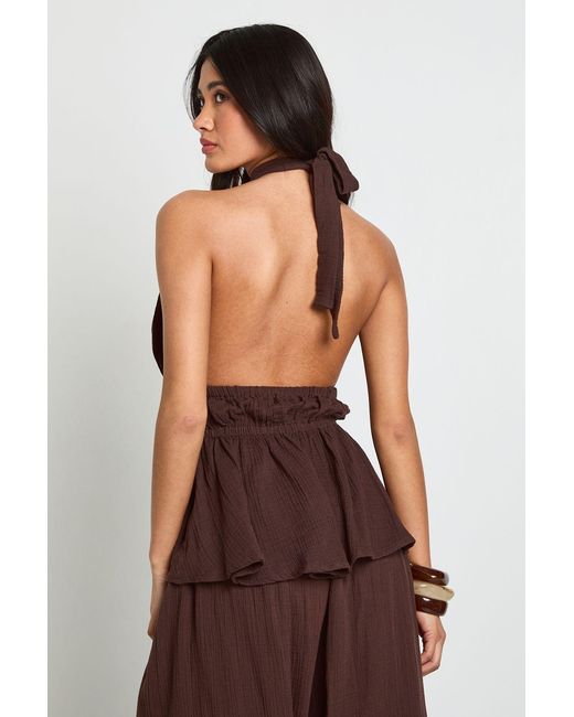 Boohoo Brown Cheesecloth Shirred Peplum Top