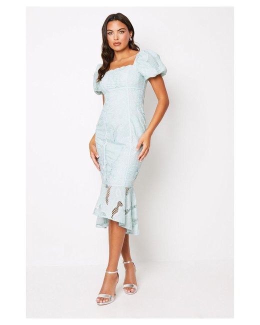 Coast White Puff Sleeve Flute Hem Lace Midi Dress