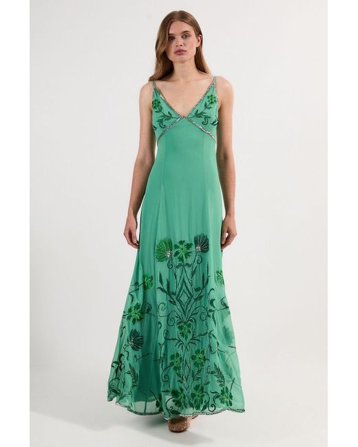 Karen Millen Green Embroidery Beaded Crinkle Woven Strappy Maxi Dress