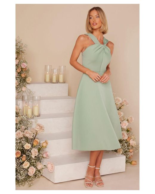 Quiz Green Sage Cross Front Skater Midi Dress