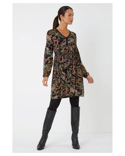 Roman Black Paisley Print Stretch Dress
