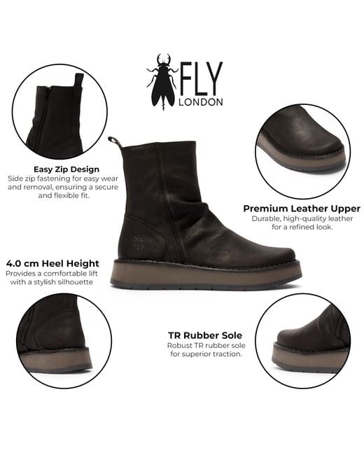 Fly London Black Suede Leather Zip Up Platform Ankle Boots