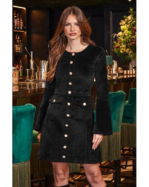 Sosandar Black Velvet Fit & Flare Dress With Button Pocket Detail