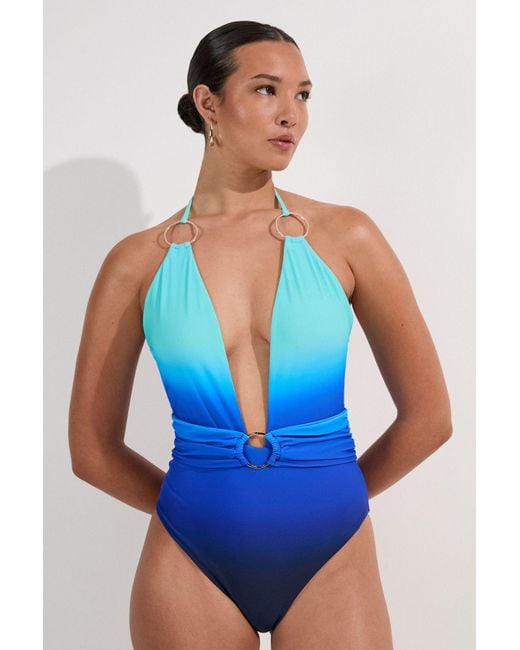 Karen Millen Blue Ring Detail Ombre Plunge Swimsuit