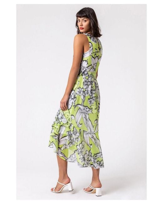 Roman Green Floral Tie Waist Dipped Hem Dress