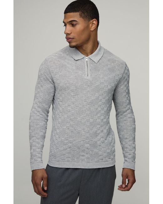 BoohooMAN Gray Regular Fit Basket Weave Long Sleeve 1/4 Zip Knitted Polo for men