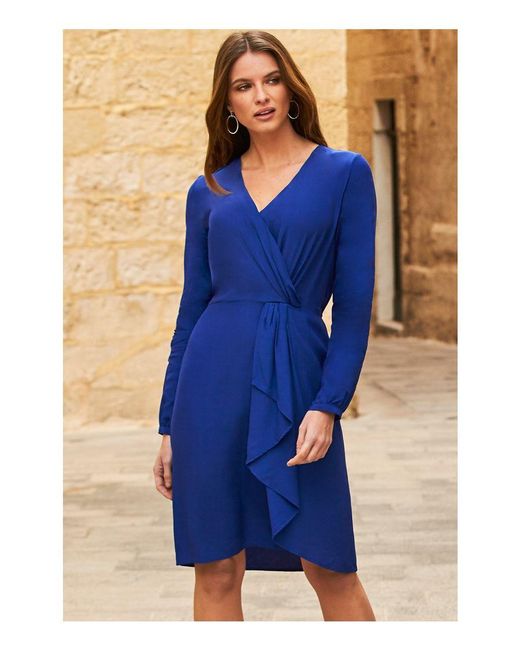 Sosandar Blue Ruffle Detail Faux Wrap Dress