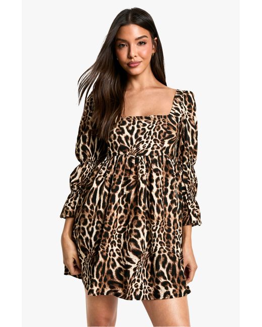 Boohoo Black Leopard Gathered Puff Sleeve Smock Dress