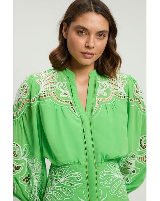 Karen Millen Green Cutwork Beaded Embroidered Woven Mini Dress