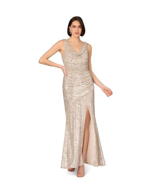Adrianna Papell White Stretch Sequin A-Line Gown
