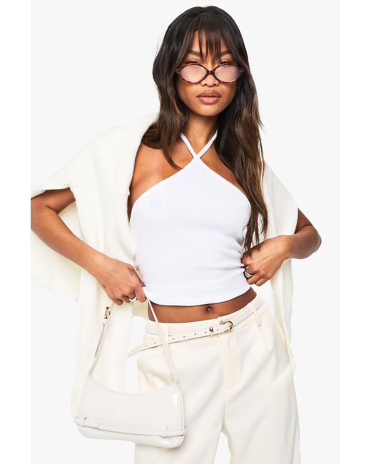 Boohoo White Basics Rib Strappy Halterneck Vest Top