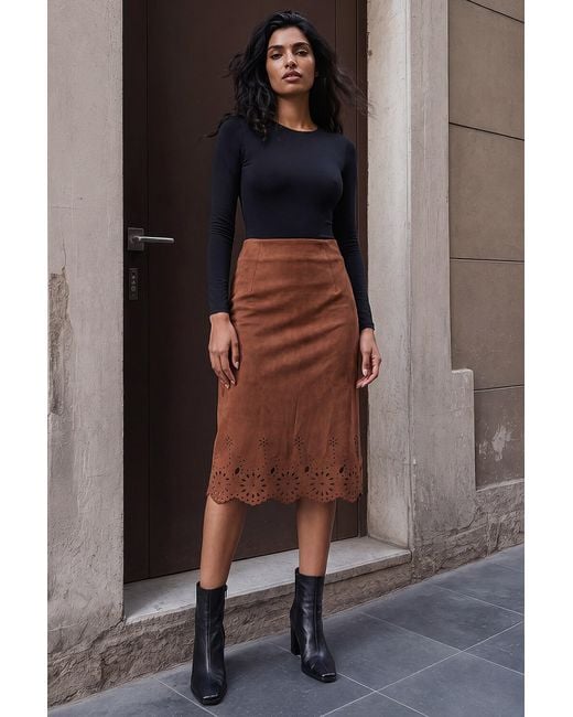Roman Brown Faux Suede Laser Cut Pencil Skirt