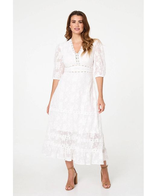 Izabel London White Lace 3/4 Sleeve Tiered Midi Dress