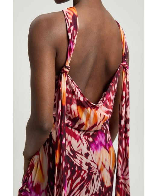 Karen Millen Red Viscose Georgette Butterfly Print Rosette Halterneck Maxi Dress