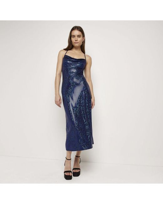 River Island Blue Slip Midi Dress Holographic Cowl Neck
