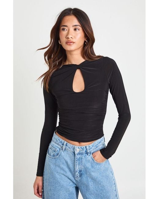 Boohoo Blue Key Hole Ruched Waist Long Sleeve Top