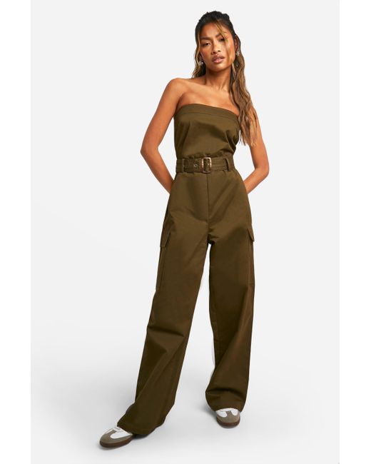 Boohoo Green Utility Bandeau Belted Jumpsuit