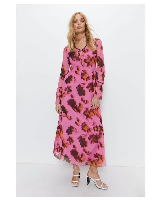 Warehouse Red Floral Print Tie Front Flute Sleeve Midi Dress