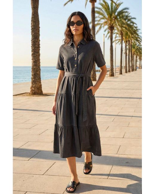 Roman Black Button Detail Tiered Midi Dress