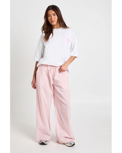Boohoo Pink Stripe Seersucker Elasticated Waist Wide Leg Trouser