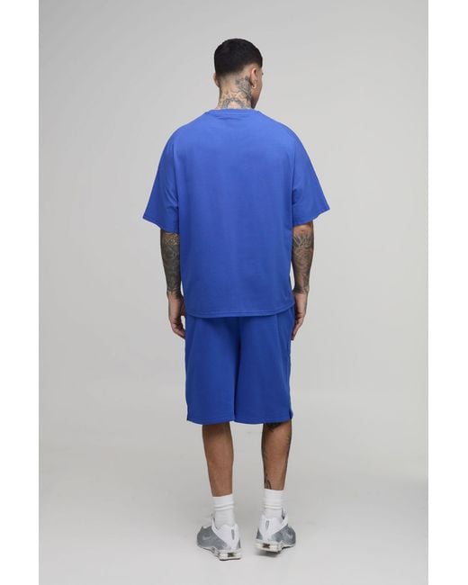 BoohooMAN Blue Tall Oversized Panelled Embroidered T-Shirt And Short Set for men