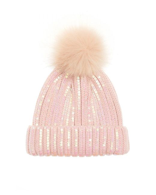 Quiz Pink Sequin Pom Knit Hat