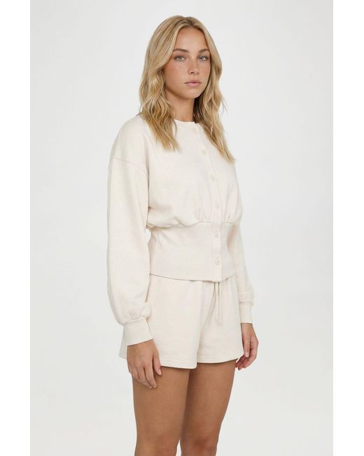 Boohoo White Cinched Waist Button Through Sweatshirt Short Tracksuit