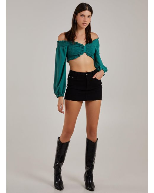 Pink Vanilla Green Twist Front Balloon Sleeve Crop Top