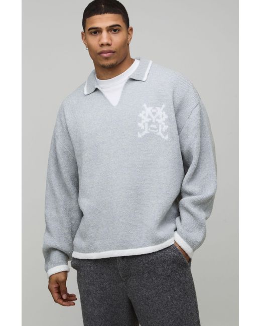 BoohooMAN Gray Oversized Boxy V Neck Mixed Boucle Polo Jumper for men