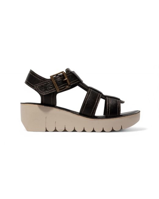 Fly London Black Yudd236 Mousse Leather Sandals Espadrille Platform Wedges