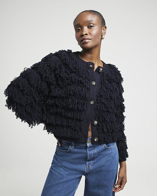 River Island Blue Fringe Knitted Cardigan