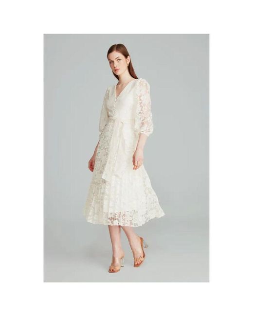 GUSTO White Pleated Lace Evening Dress