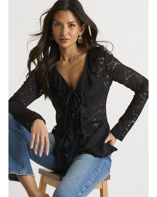 Gini London Black Jersey Lace Ruffle Tie Front Blouse
