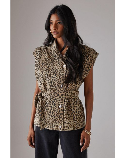 Warehouse Brown Leopard Print Sleeveless Denim Jacket