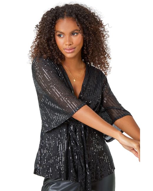 D.u.s.k Black Sequin Tie Front Stretch Top