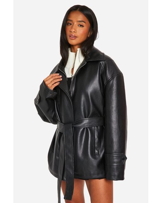 Boohoo Black Petite Belted Faux Leather Trench Coat