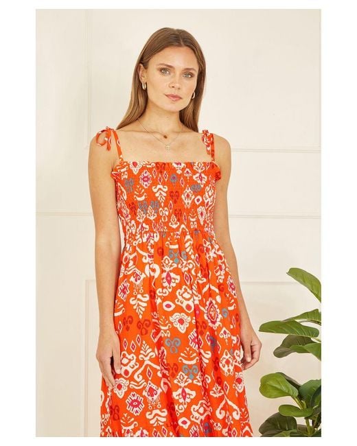 Yumi' Orange Ikat Print Midi Sun Dress Cotton