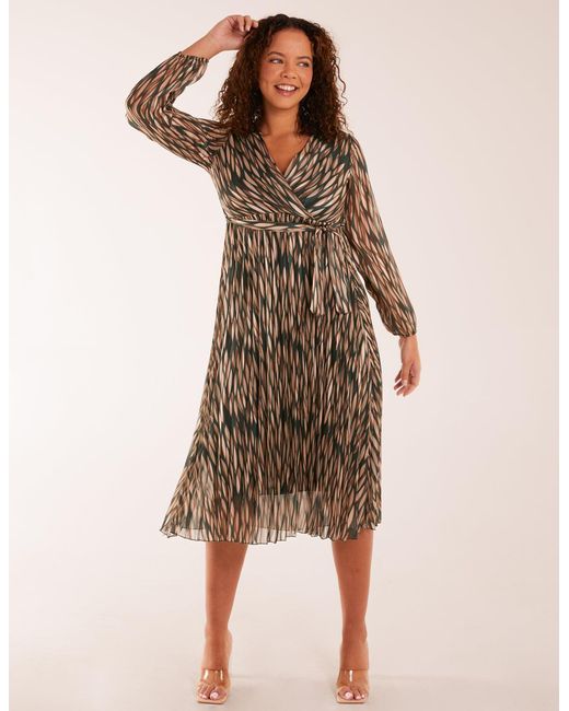Blue Vanilla Brown Wrap Over Metallic Vertical Print Dress