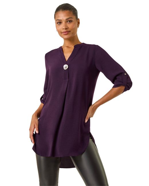 Roman Purple Longline Buttoned Notch Neck Top