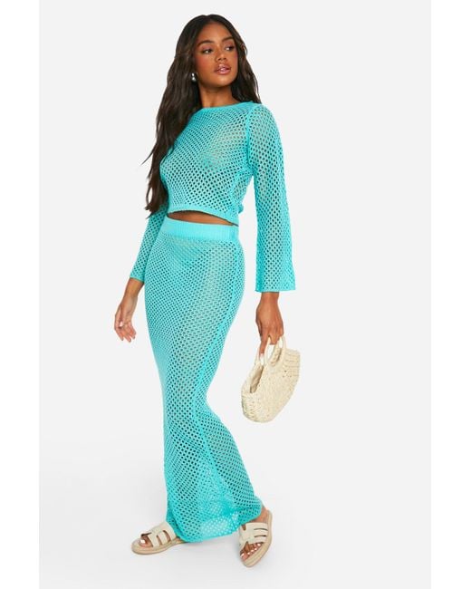 Boohoo Blue Crochet Crop Top And Maxi Skirt Knitted Set