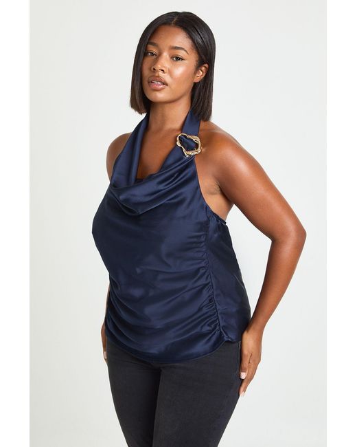 Boohoo Blue Plus Trim Halter Satin Top