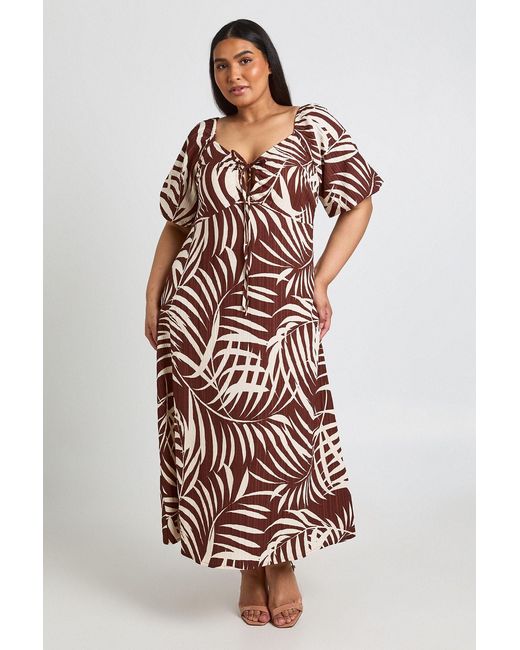 Boohoo White Palm Print Textured Volume Sleeve Midaxi Dress