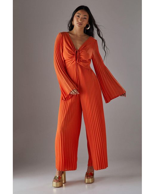 Warehouse Petite Chiffon Pleated Keyhole Flared Sleeve Jumpsuit