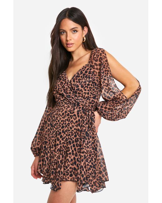 Boohoo Brown Leopard Chiffon Lace Back Puff Sleeve Wrap Skater Dress