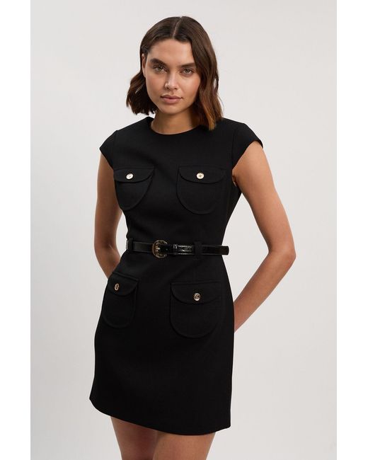 Karen Millen Black Textured Compact Stretch Tailored Belted Mini Dress